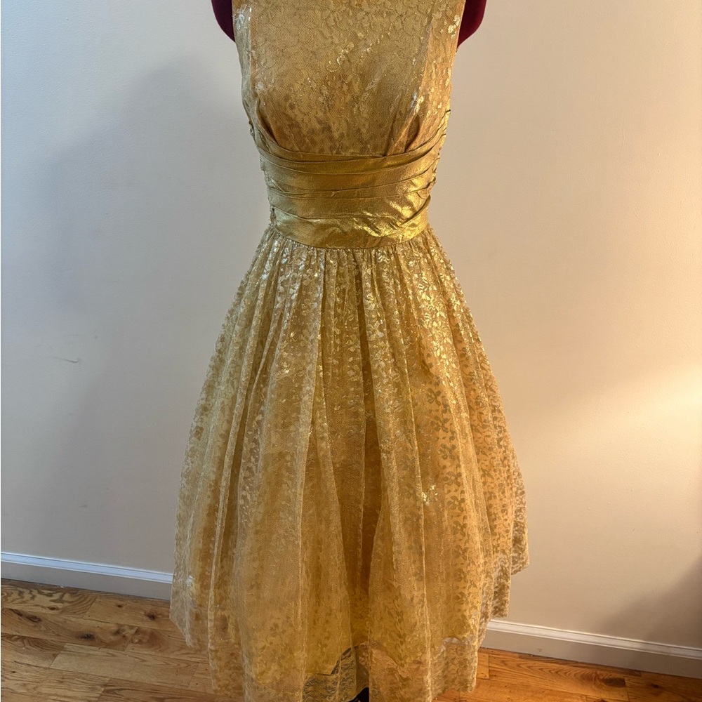 Vintage 1950s gold party dress formal cocktail lace metallic rockabilly retro